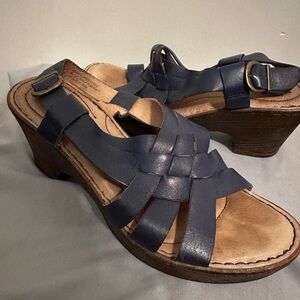 Born Dark Blue Leather Wedge Sandals